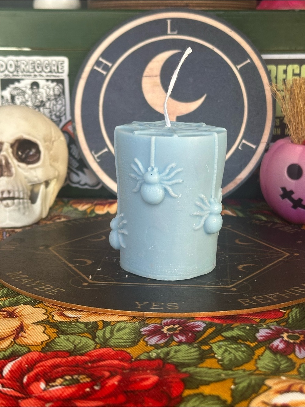 Baby Blue Spider Web Pillar Candle